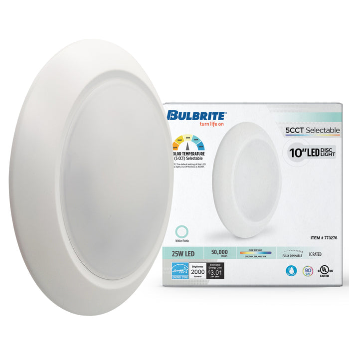 10-inch White 25W Dimmable LED Disc Downlight, 5 CCT - 27/30/35/40/50K, 2000 Lumens