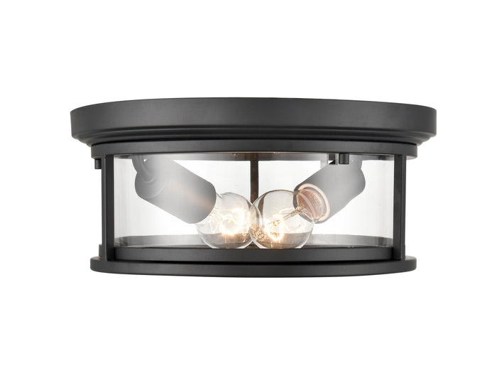12-inch Bresley Powder Coated Black 2-Light Outdoor Flush Mount Ceiling Light with Clear Seeded Glass