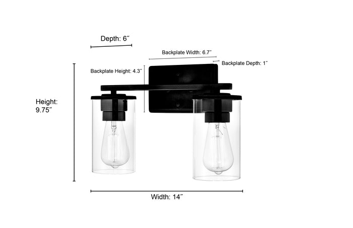 14-inch Verlana Matte Black 2-Light Clear Glass Bathroom Vanity Light