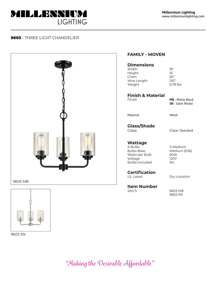 16'' Moven Satin Nickel 3 Light Chandelier