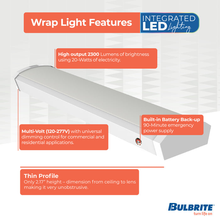 2-foot White 20W Dimmable LED Wraparound Utility Light, 3000K, 2300 Lumens, Battery Backup