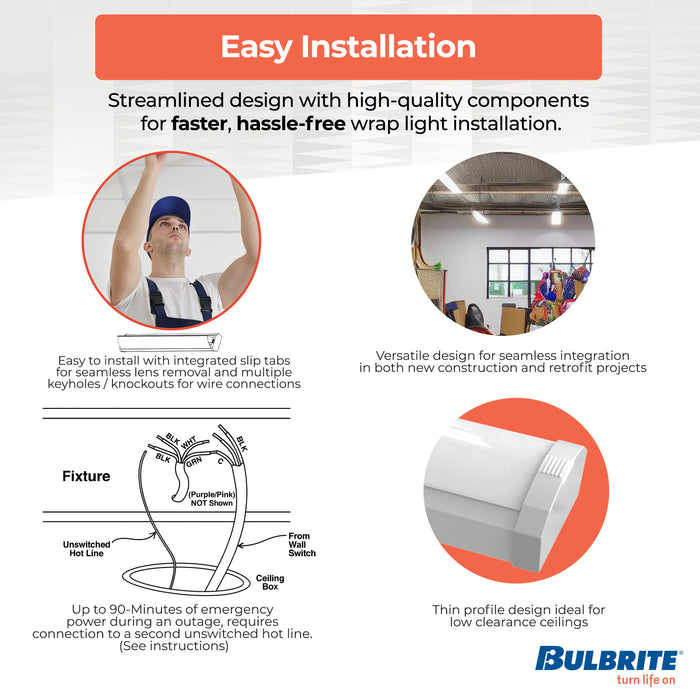 2-foot White 20W Dimmable LED Wraparound Utility Light, 3000K, 2300 Lumens, Battery Backup