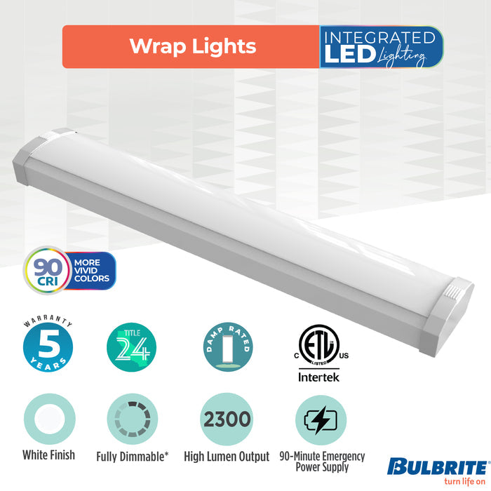 2-foot White 20W Dimmable LED Wraparound Utility Light, 3000K, 2300 Lumens, Battery Backup