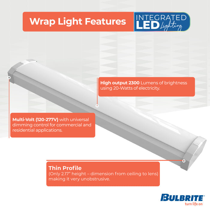 2-foot White 20W Dimmable LED Wraparound Utility Light, 3000K, 2300 Lumens