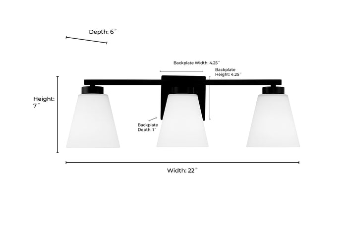 22-inch Strayhan Matte Black 3-Light White Frosted Glass Bathroom Vanity Light
