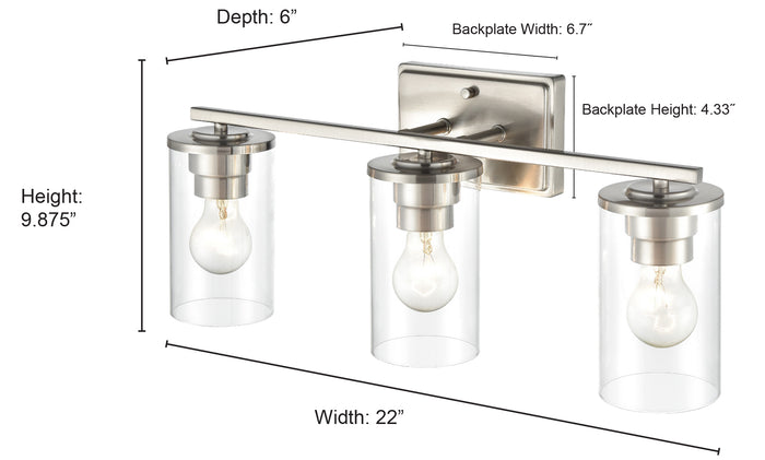 22-inch Verlana Brushed Nickel 3-Light Clear Glass Bathroom Vanity Light