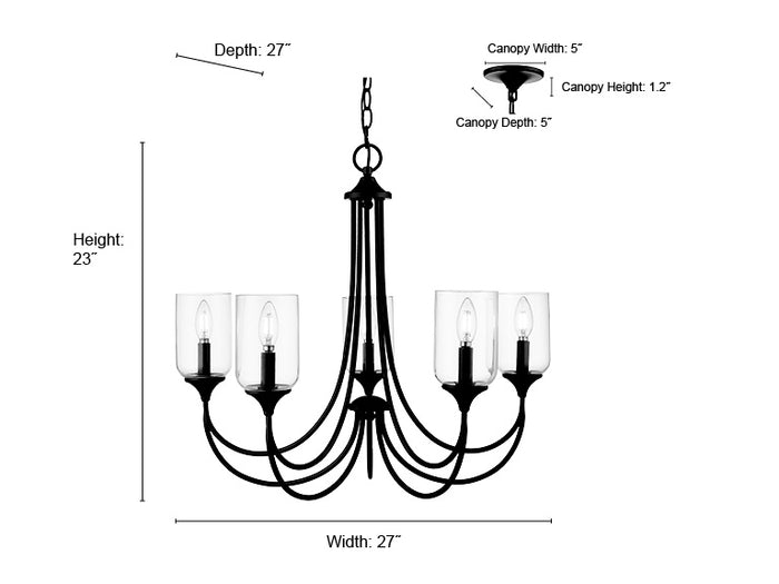 23'' Waddingham Matte Black 5 Light Chandelier