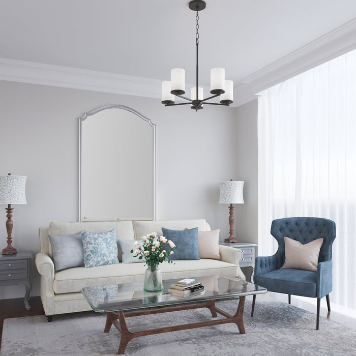 24-inch Verlana Matte Black 5-Light Etched White Glass Chandelier