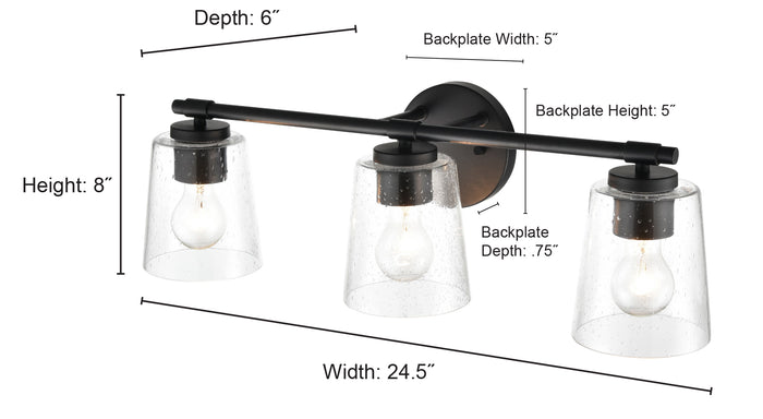 24.5-inch Chrome 3-Light Clear Seeded Glass Bathroom Vanity Light