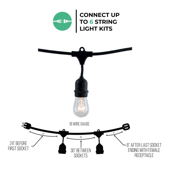 30-foot Black S14 Incandescent String Light Kit with 12 Sockets, 2700K, 2-Pack