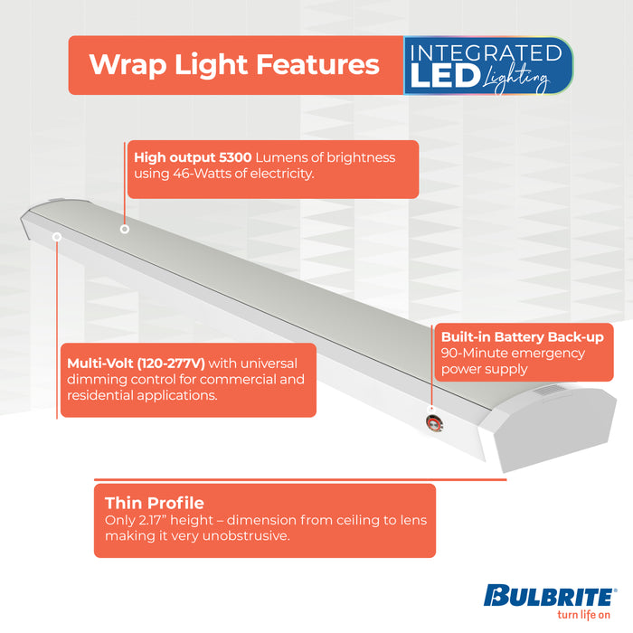 4-foot White 46W Dimmable LED Wraparound Utility Light, 5 CCT - 27/30/35/40/50K, 5300 Lumens, Battery Backup