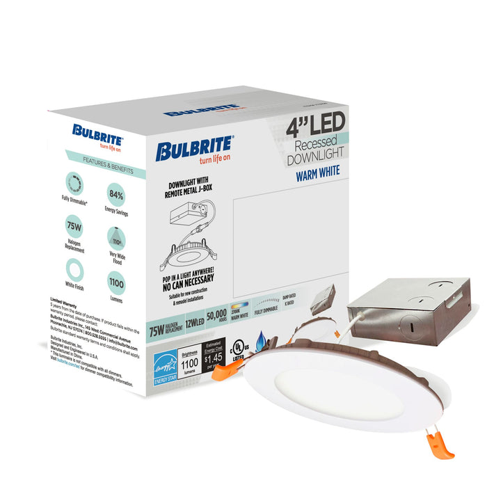 4-inch White Round - Smooth Trim 12W Dimmable LED J-Box Recessed Downlight, 2700K, 1100 Lumens, 4-Pack