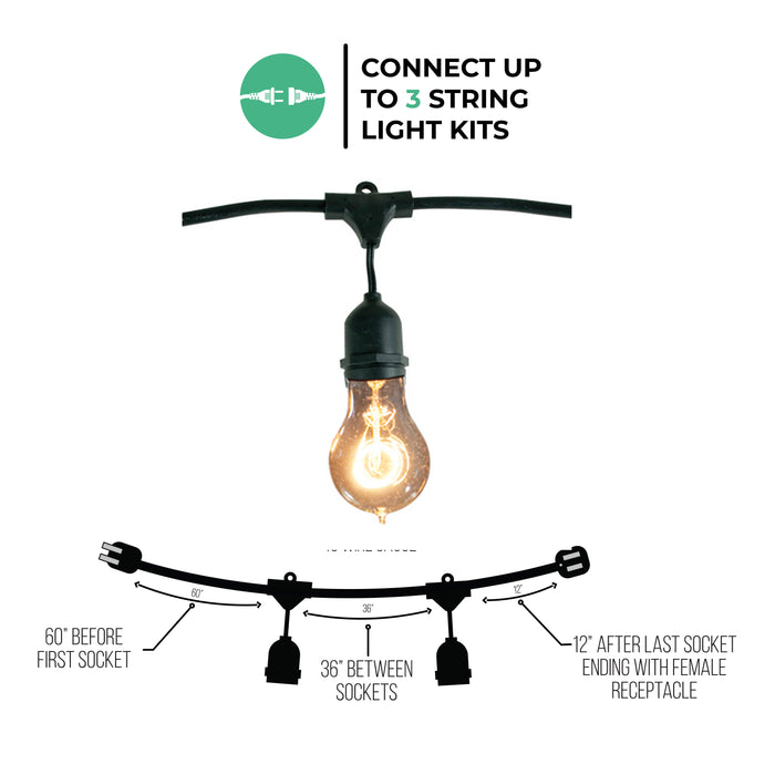 48-foot Black A19 Incandescent String Light Kit with 15 Sockets, 2200K