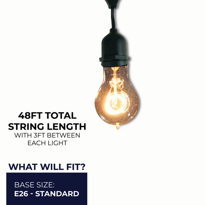 48-foot Black A19 Incandescent String Light Kit with 15 Sockets, 2200K