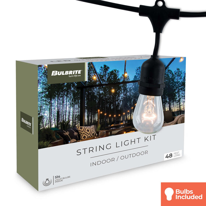 48-foot Black S14 Incandescent String Light Kit with 15 Sockets, 2700K