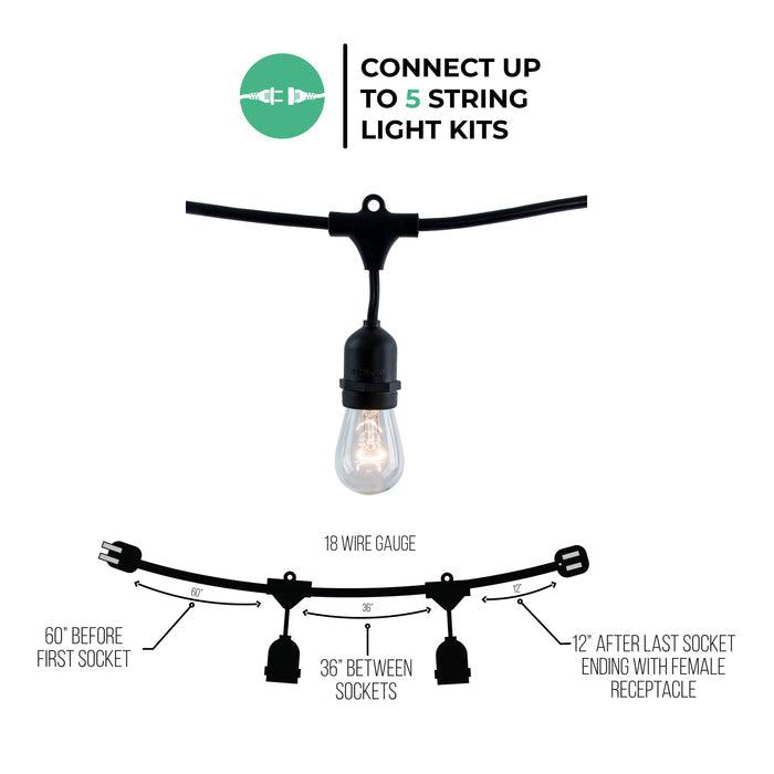 48-foot Black S14 Incandescent String Light Kit with 15 Sockets, 2700K