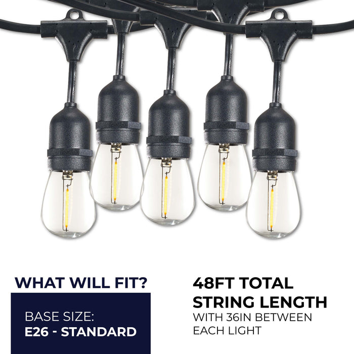 48-foot Black S14 LED String Light Kit with 15 Bulbs, 2700K, 2-Pack