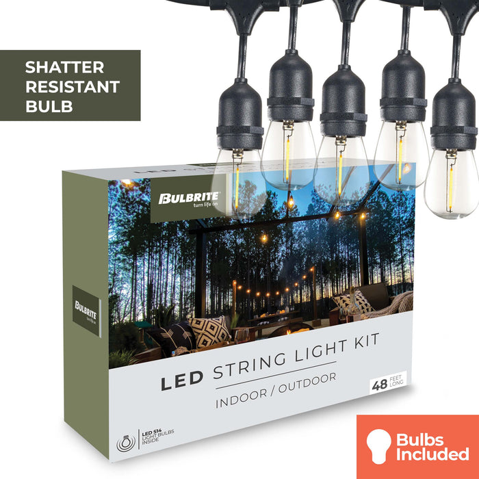 48-foot Black S14 LED String Light Kit with 15 Bulbs, 2700K