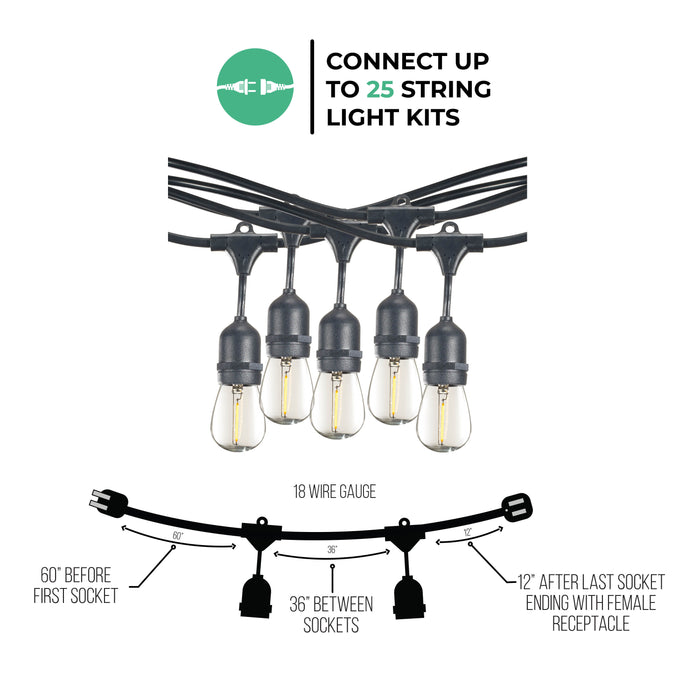 48-foot Black S14 LED String Light Kit with 15 Bulbs, 2700K