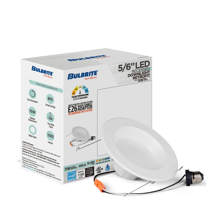 5/6-inch White 14W Dimmable LED Retrofit Recessed Downlight, 5 CCT - 27/30/35/40/50K, 1100 Lumens, 4-Pack