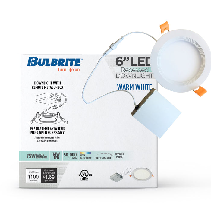 6-inch White 14W Dimmable LED J-Box Recessed Downlight, 2700K, 1100 Lumens, 2-Pack