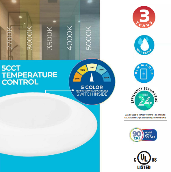 7-inch White 14W Dimmable LED Disc Downlight, 5 CCT - 27/30/35/40/50K, 1100 Lumens, 6-Pack