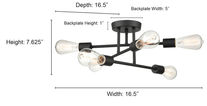 7.75'' Decco Matte Black 6 Light Semi-Flush Mount