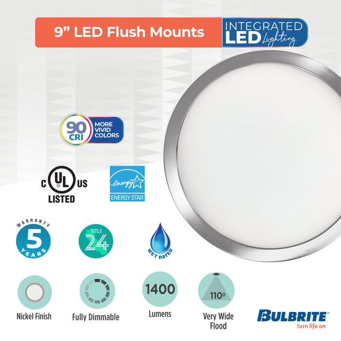 9-inch Nickel 17W Dimmable LED Flush Mount Ceiling Light, 3000K, 1400 Lumens