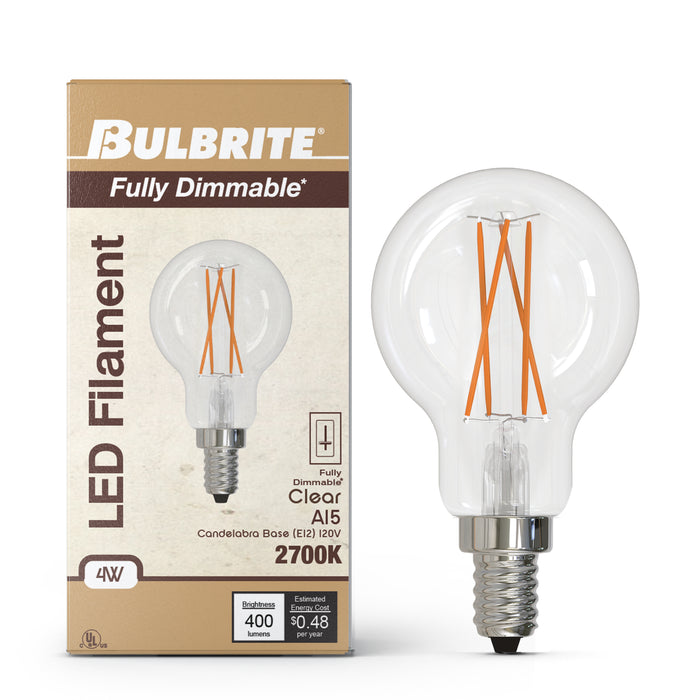 A15 4W Dimmable Clear Filament LED Light Bulb with E12 Base, 3000K, 400 Lumens, 4-Pack