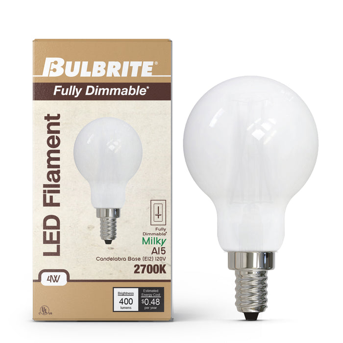 A15 4W Dimmable Milky Filament LED Light Bulb with E12 Base, 3000K, 400 Lumens, 4-Pack