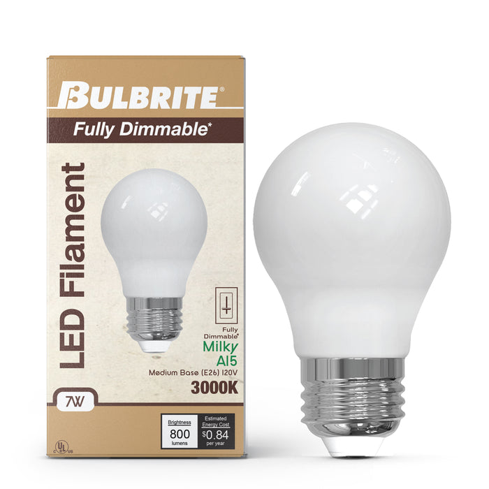 A15 7W Dimmable Milky Filament LED Light Bulb with E26 Base, 3000K, 800 Lumens, 4-Pack, 90 CRI