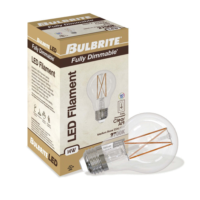 A19 14W Dimmable Clear Filament LED Light Bulb with E26 Base, 2700K, 1600 Lumens, 4-Pack