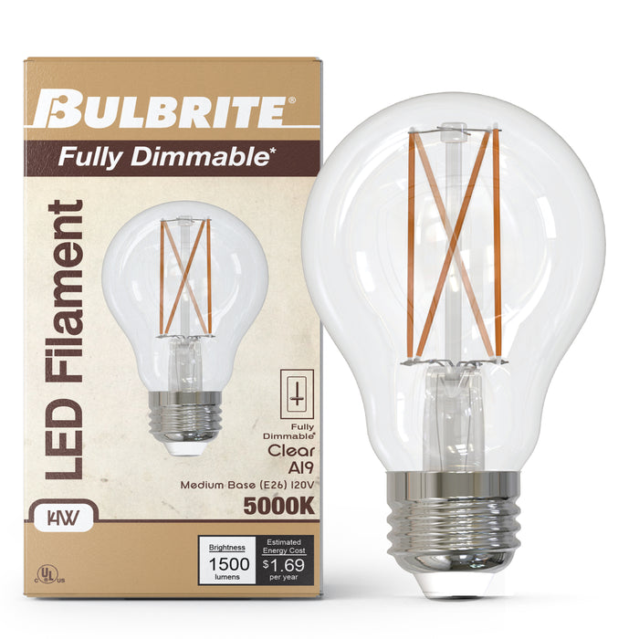 A19 14W Dimmable Clear Filament LED Light Bulb with E26 Base, 5000K, 1500 Lumens, 4-Pack