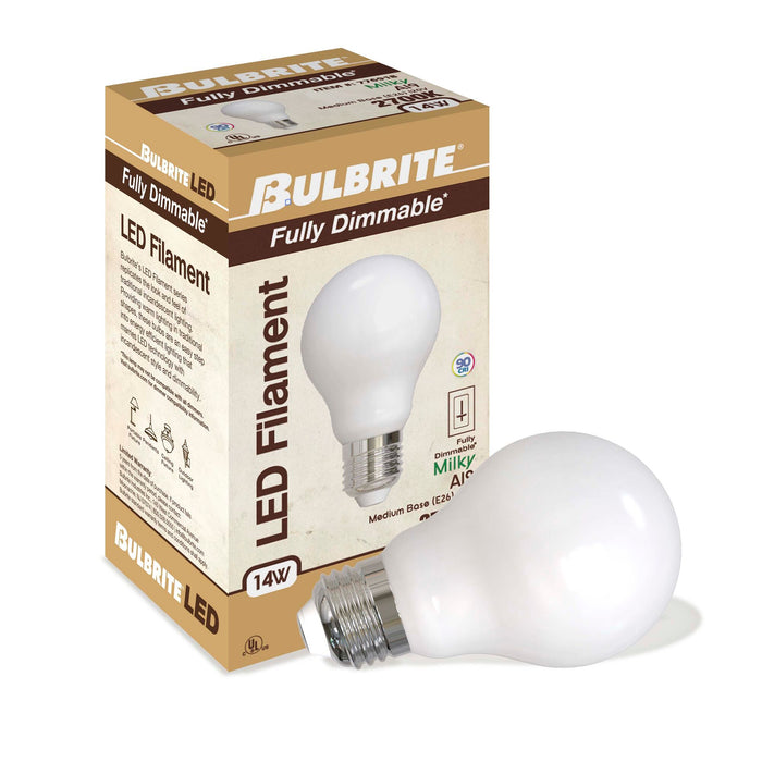 A19 14W Dimmable Milky Filament LED Light Bulb with E26 Base, 2700K, 1500 Lumens, 4-Pack