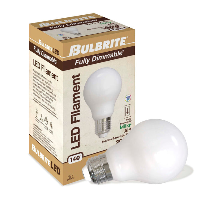 A19 14W Dimmable Milky Filament LED Light Bulb with E26 Base, 3000K, 1500 Lumens, 4-Pack