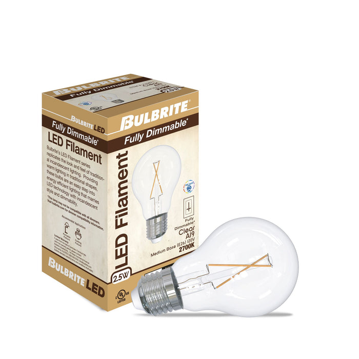 A19 2.5W Dimmable Clear Filament LED Light Bulb with E26 Base, 2700K, 250 Lumens, 6-Pack, 25WW Equivalent