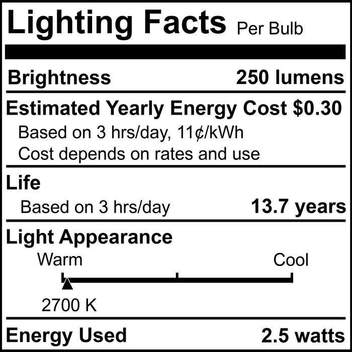 A19 2.5W Dimmable Clear Filament LED Light Bulb with E26 Base, 2700K, 250 Lumens, 6-Pack, 25W Equivalent
