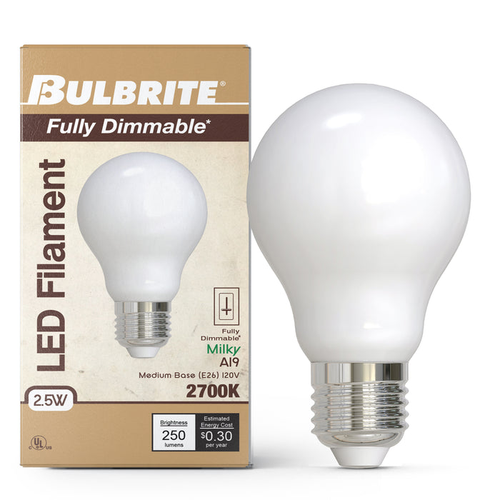 A19 2.5W Dimmable Milky Filament LED Light Bulb with E26 Base, 2700K, 250 Lumens, 4-Pack
