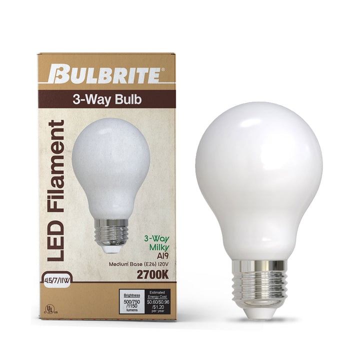 A19 4.5/7/11W Non-Dimmable Milky Filament LED Light Bulb with E26 Base, 2700K, 500/ 750/ 1150 Lumens, 2-Pack