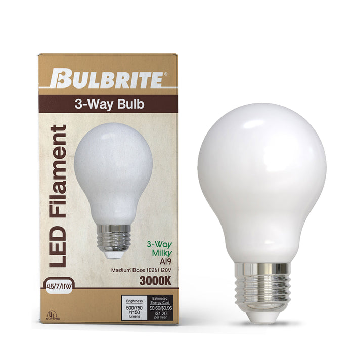 A19 4.5/7/11W Non-Dimmable Milky Filament LED Light Bulb with E26 Base, 3000K, 500/ 750/ 1150 Lumens, 2-Pack