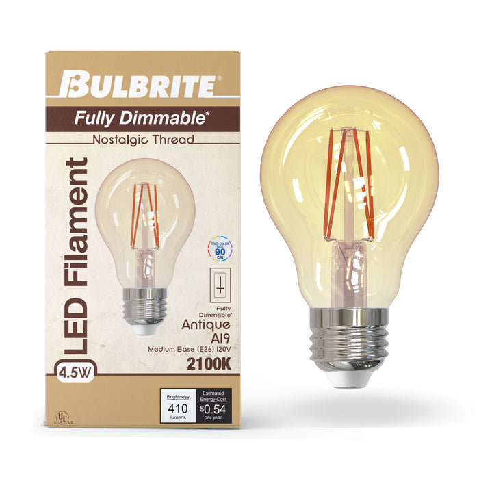A19 4.5W Dimmable Filament LED Light Bulb with E26 Base, 2100K, 410 Lumens, 2-Pack