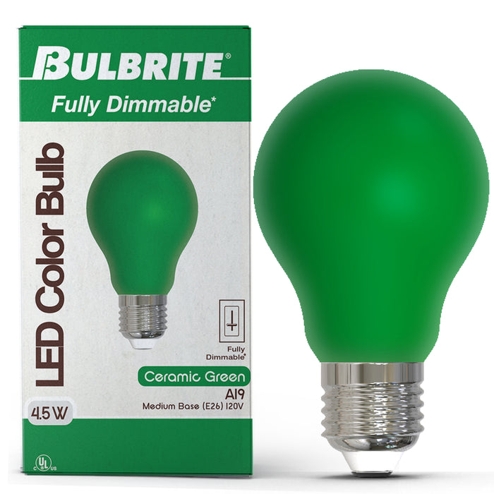 A19 4.5W Dimmable Green Filament LED Light Bulb with E26 Base, 10-Pack