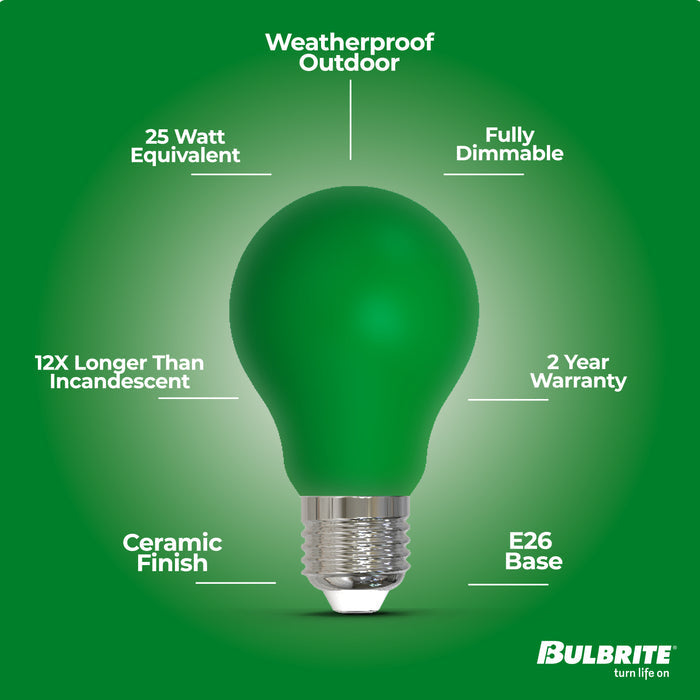 A19 4.5W Dimmable Green Filament LED Light Bulb with E26 Base, 10-Pack
