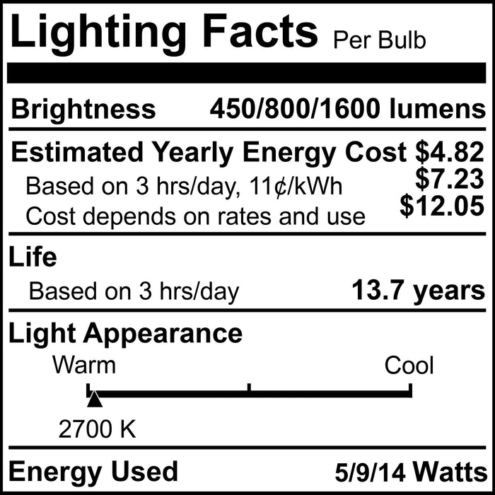 A19 5/9/14W Non-Dimmable Frost Filament LED Light Bulb with E26 Base, 2700K, 450/800/1600 Lumens, 4-Pack