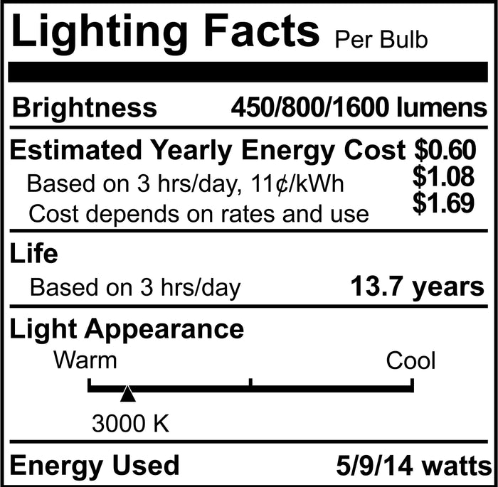 A19 5/9/14W Non-Dimmable Frost Filament LED Light Bulb with E26 Base, 3000K, 450/800/1600 Lumens, 4-Pack
