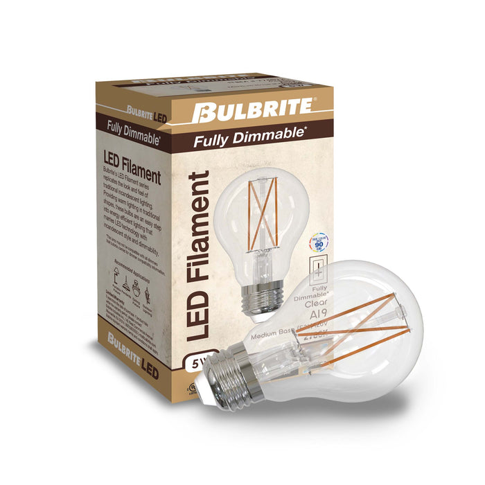 A19 5W Dimmable Clear Filament LED Light Bulb with E26 Base, 2700K, 450 Lumens, 2-Pack