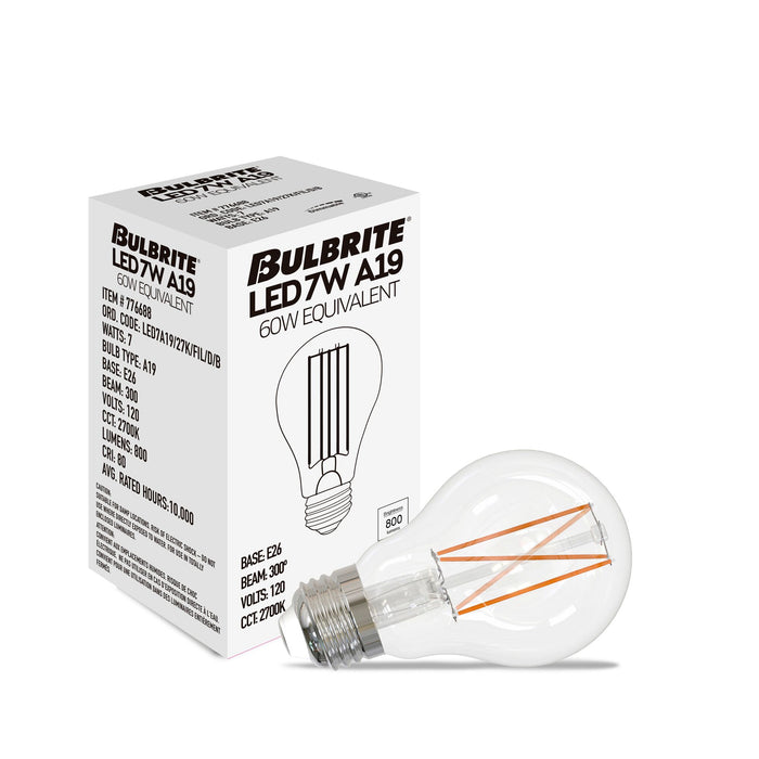A19 7.6W Dimmable Clear Filament LED Light Bulb with E26 Base, 2700K, 800 Lumens, 10-Pack