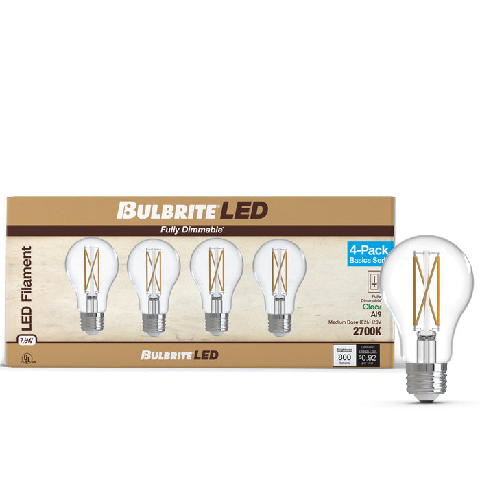 A19 7.6W Dimmable Clear Filament LED Light Bulb with E26 Base, 2700K, 800 Lumens, 4-Pack