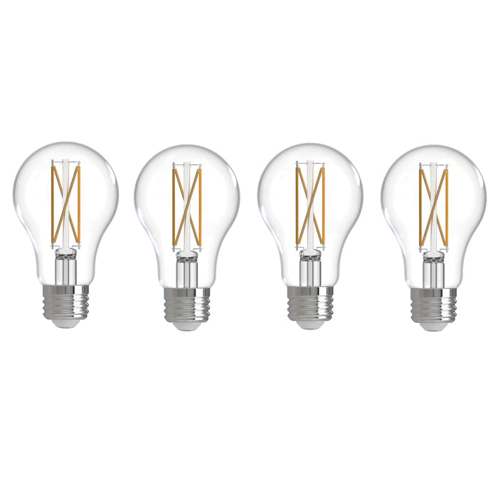 A19 7.6W Dimmable Clear Filament LED Light Bulb with E26 Base, 3000K, 800 Lumens, 4-Pack
