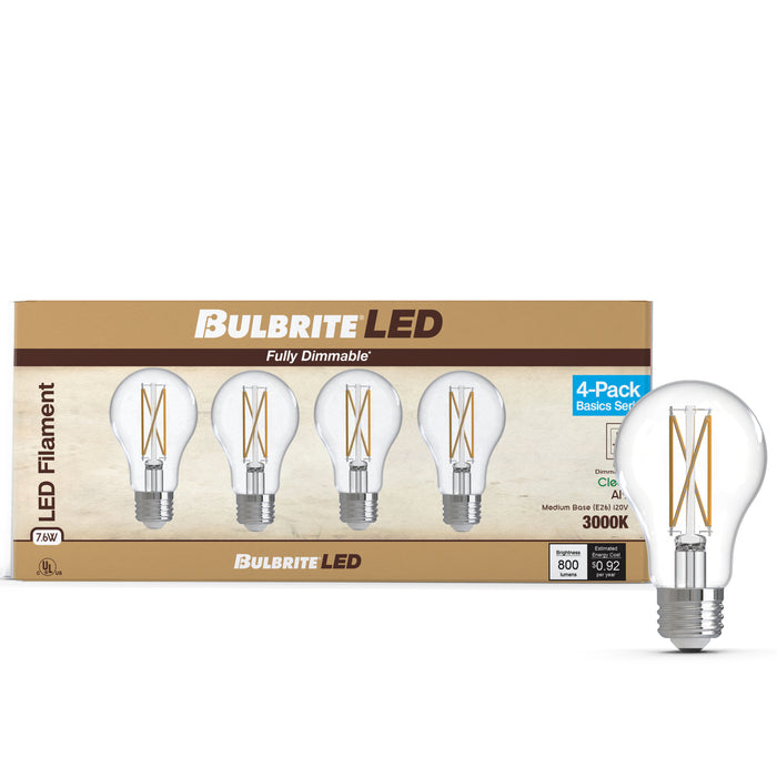 A19 7.6W Dimmable Clear Filament LED Light Bulb with E26 Base, 3000K, 800 Lumens, 4-Pack